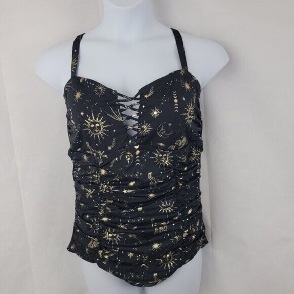 TORRID Womens Swimsuit Wireless Lattice One Piece BLACK Celestial Star Sz 2 Plus - Picture 1 of 16